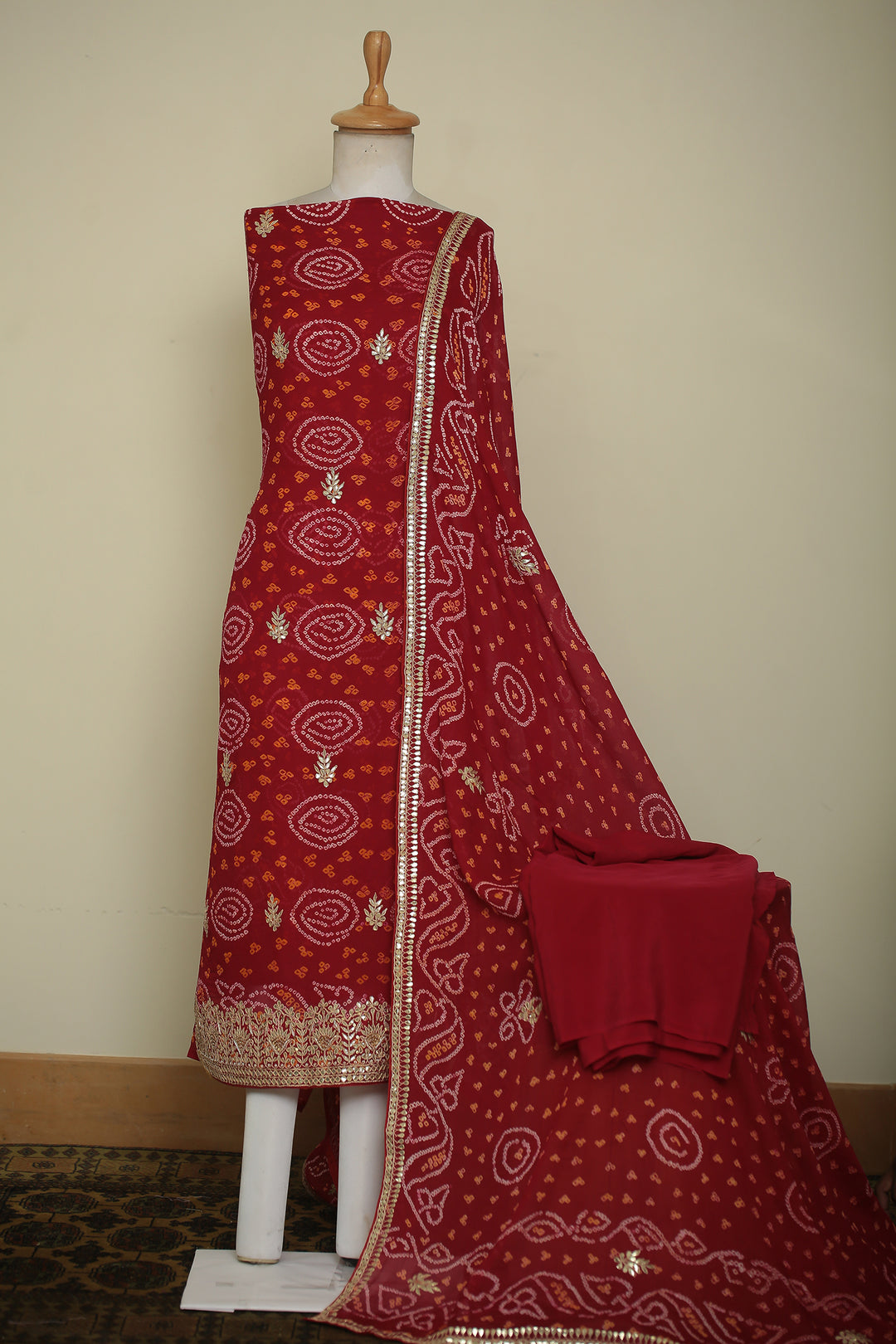 Bandhe Chinon Unstitched Suit with Dori, Gota Patti, Zardozi, Zari work.