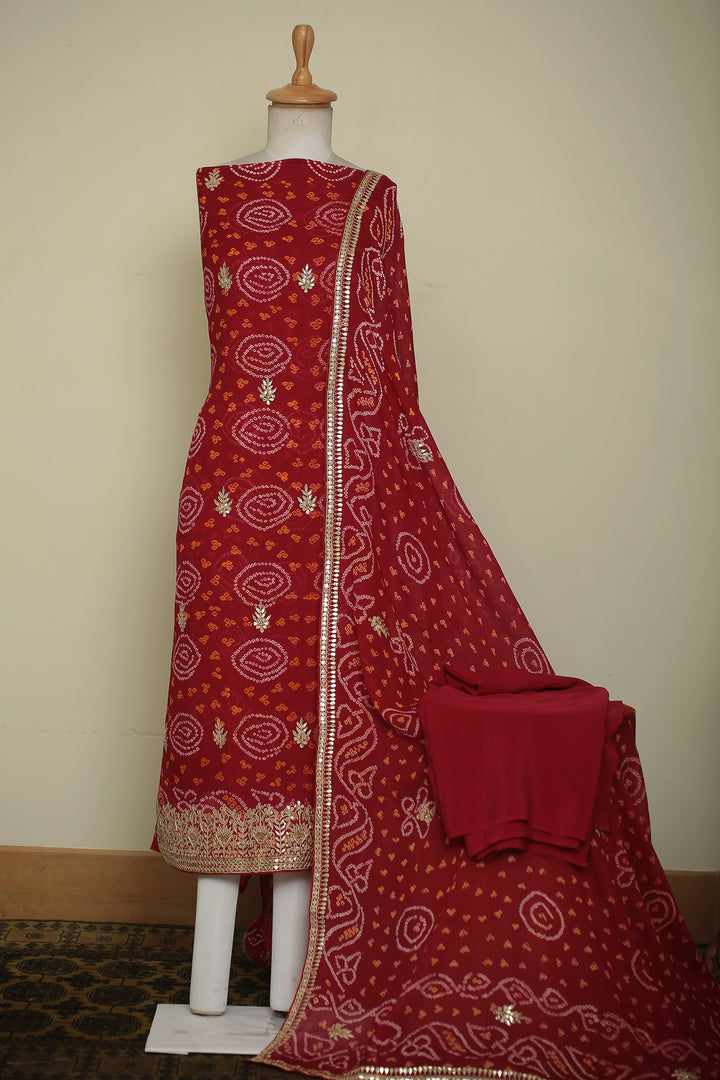Bandhe Chinon Unstitched Suit with Dori, Gota Patti, Zardozi, Zari work.
