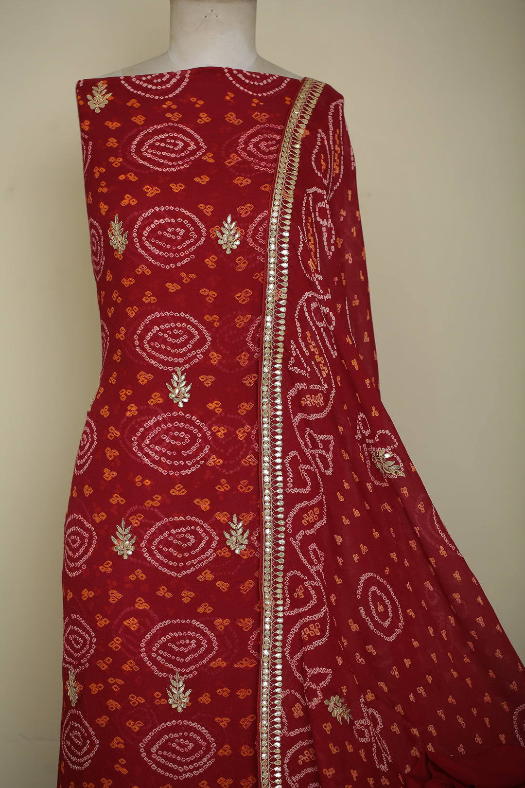 Bandhe Chinon Unstitched Suit with Dori, Gota Patti, Zardozi, Zari work.