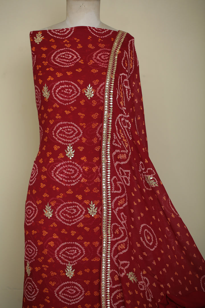 Bandhe Chinon Unstitched Suit with Dori, Gota Patti, Zardozi, Zari work.