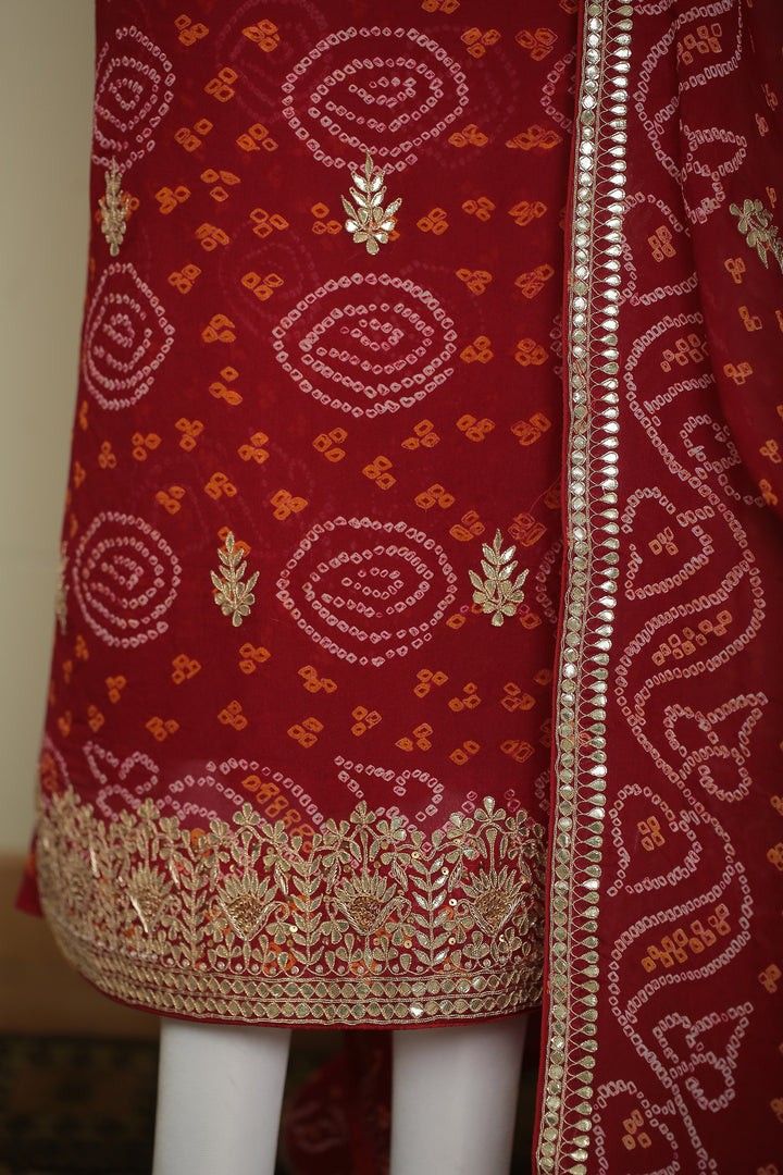 Bandhe Chinon Unstitched Suit with Dori, Gota Patti, Zardozi, Zari work.