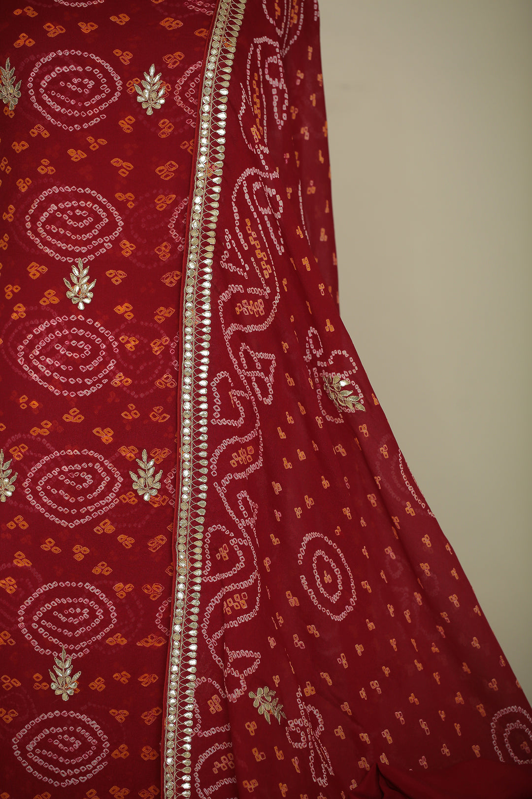Bandhe Chinon Unstitched Suit with Dori, Gota Patti, Zardozi, Zari work.