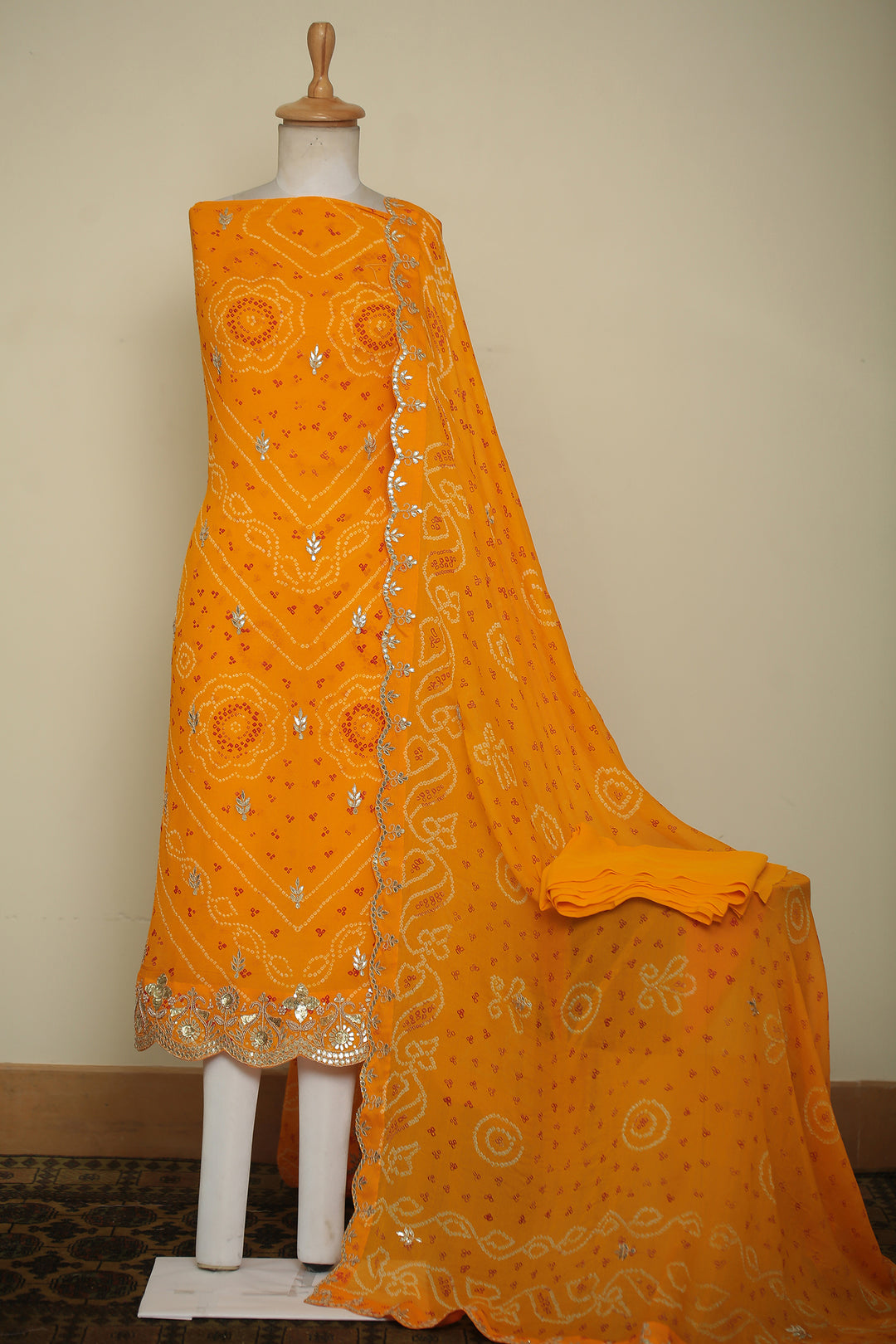 Bandhe Chinon Unstitched Suit with Dori, Gota Patti, Zardozi, Zari work.