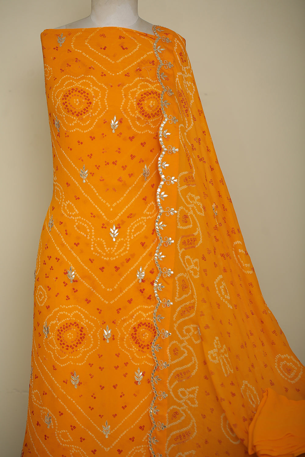 Bandhe Chinon Unstitched Suit with Dori, Gota Patti, Zardozi, Zari work.