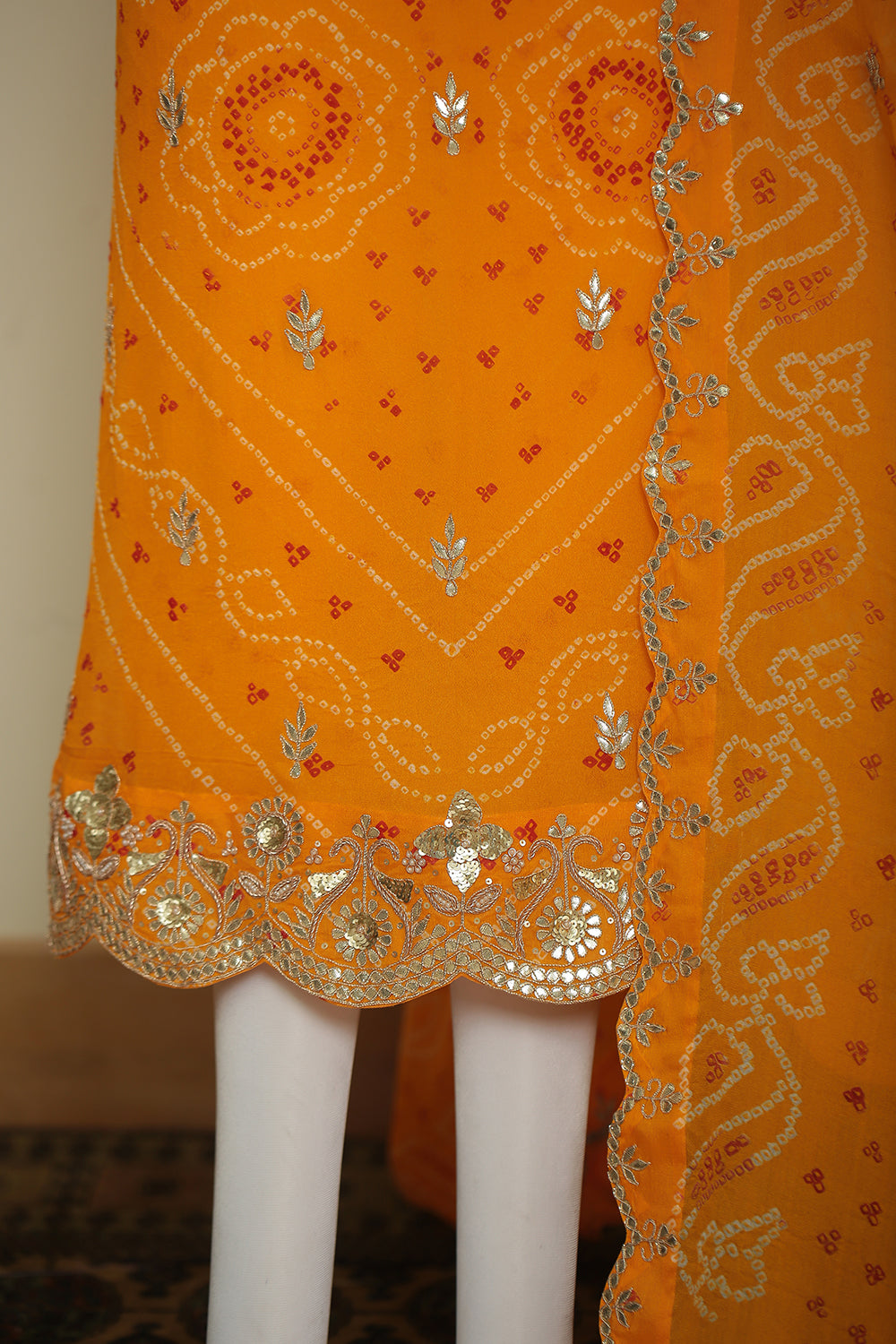 Bandhe Chinon Unstitched Suit with Dori, Gota Patti, Zardozi, Zari work.