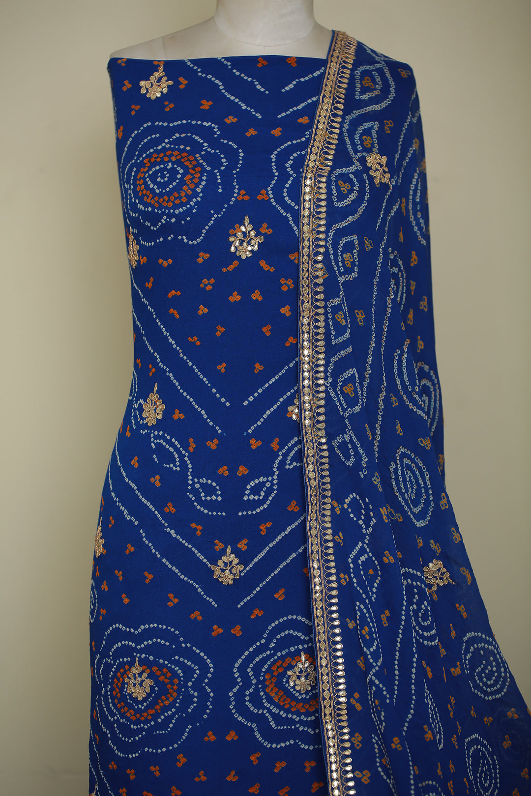 Bandhe Chinon Unstitched Suit with Dori, Gota Patti, Zardozi, Zari work.