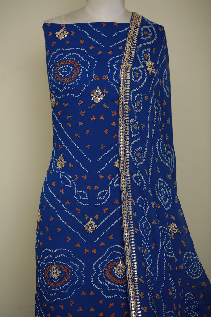 Bandhe Chinon Unstitched Suit with Dori, Gota Patti, Zardozi, Zari work.
