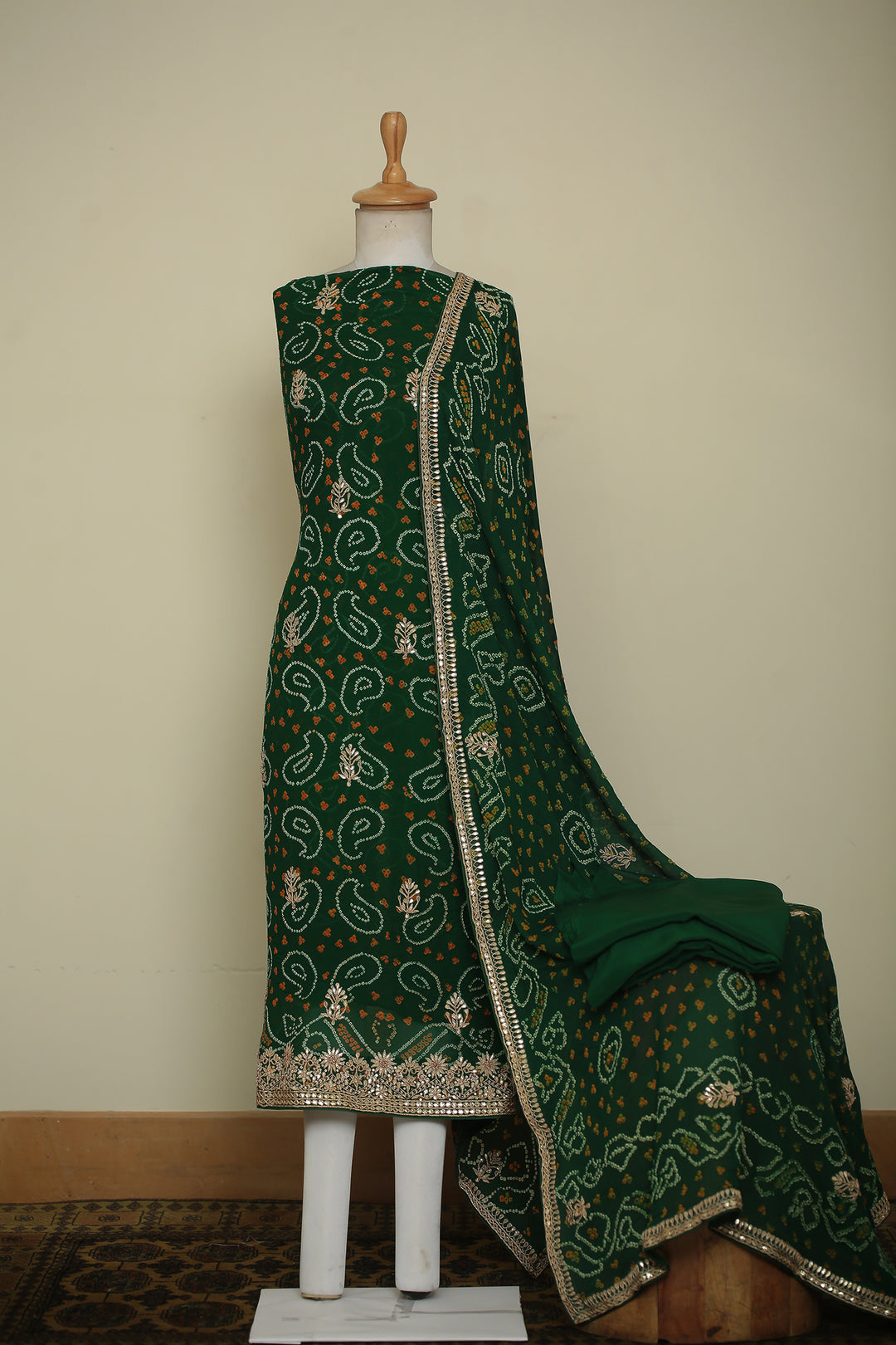 Bandhe Chinon Unstitched Suit with Dori, Gota Patti, Zardozi, Zari work.