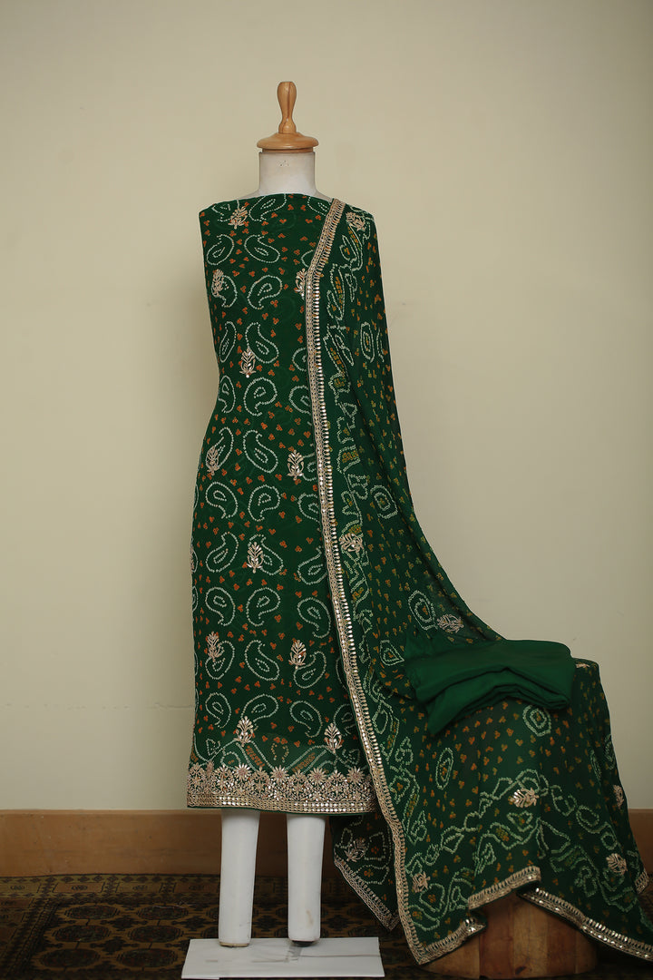 Bandhe Chinon Unstitched Suit with Dori, Gota Patti, Zardozi, Zari work.