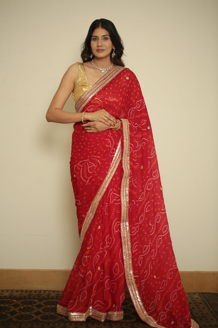 Bandhej chinon Saree with Gota, Gota Patti, Zardozi work.
