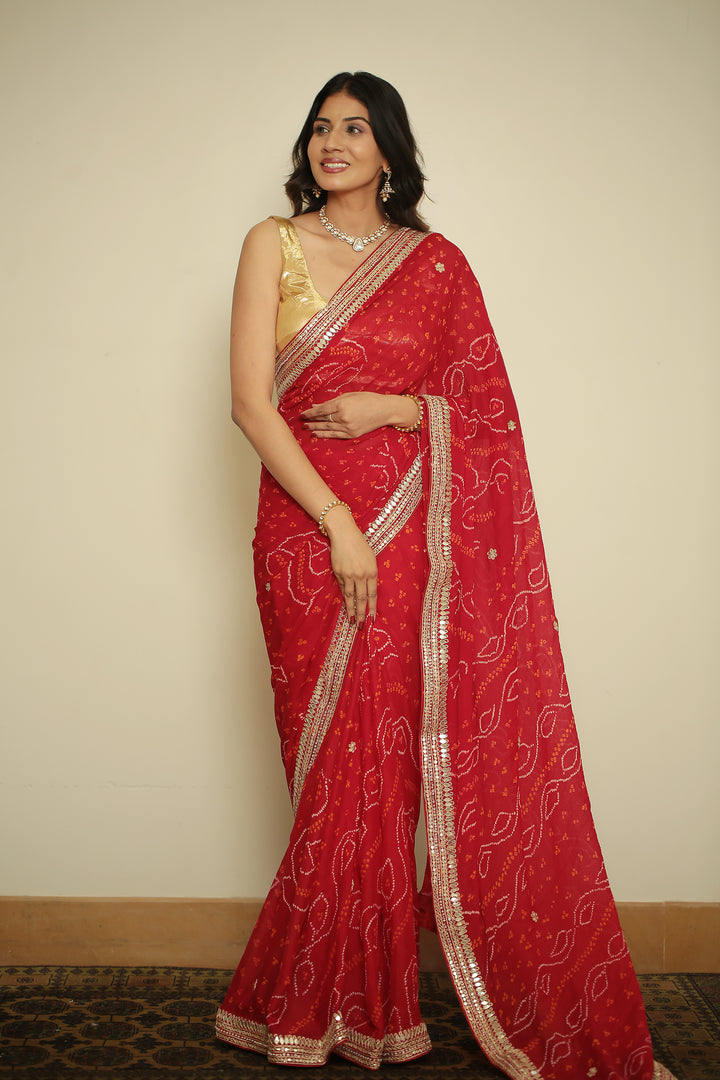 chinon Saree with Dori, Gota, Gota Patti, Zardozi work.
