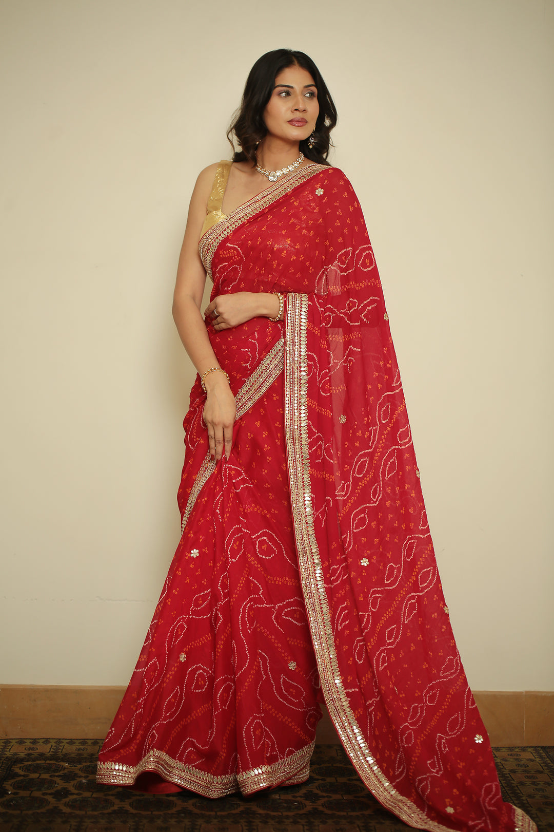 Bandhej chinon Saree with Gota, Gota Patti, Zardozi work.