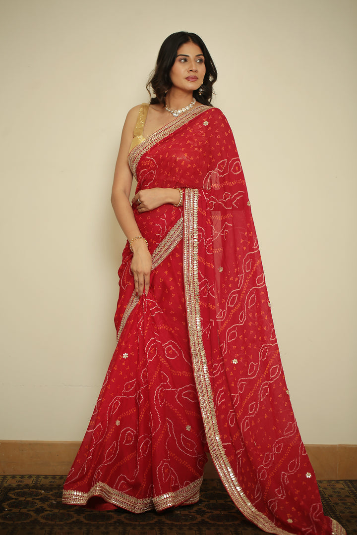 Bandhej chinon Saree with Gota, Gota Patti, Zardozi work.