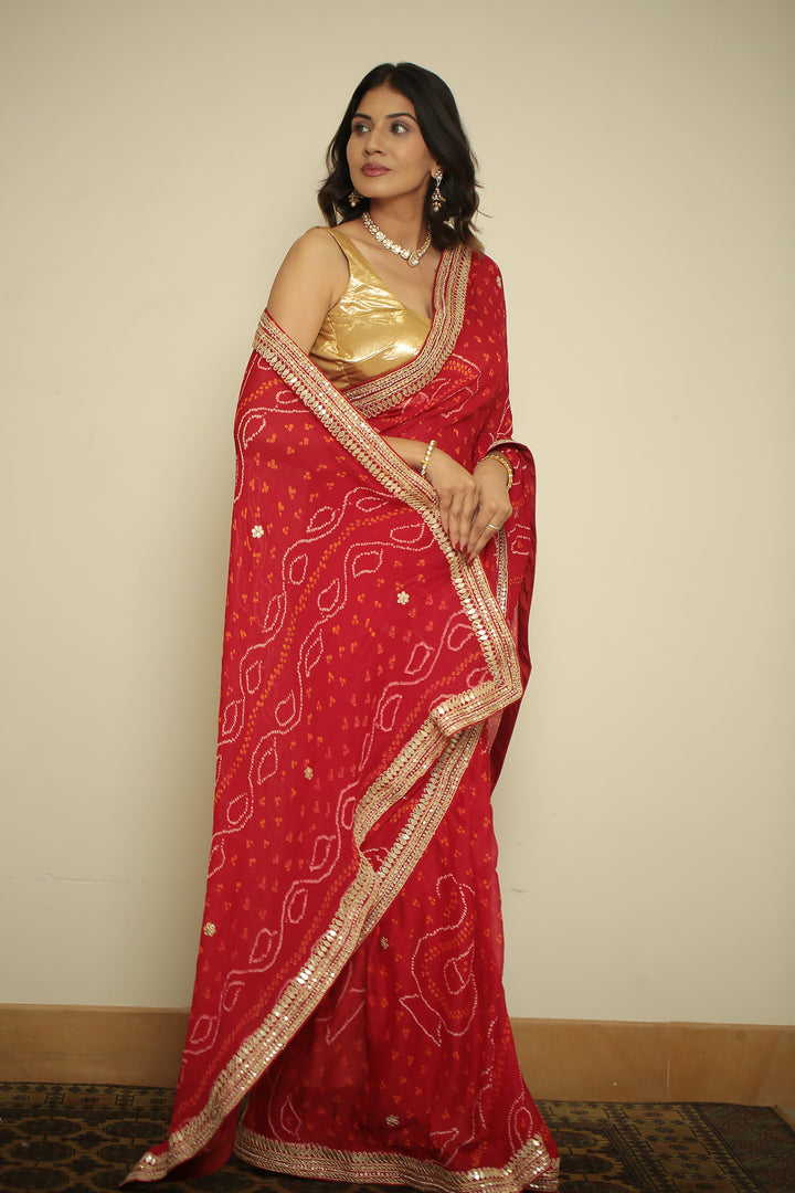 Bandhej chinon Saree with Gota, Gota Patti, Zardozi work.