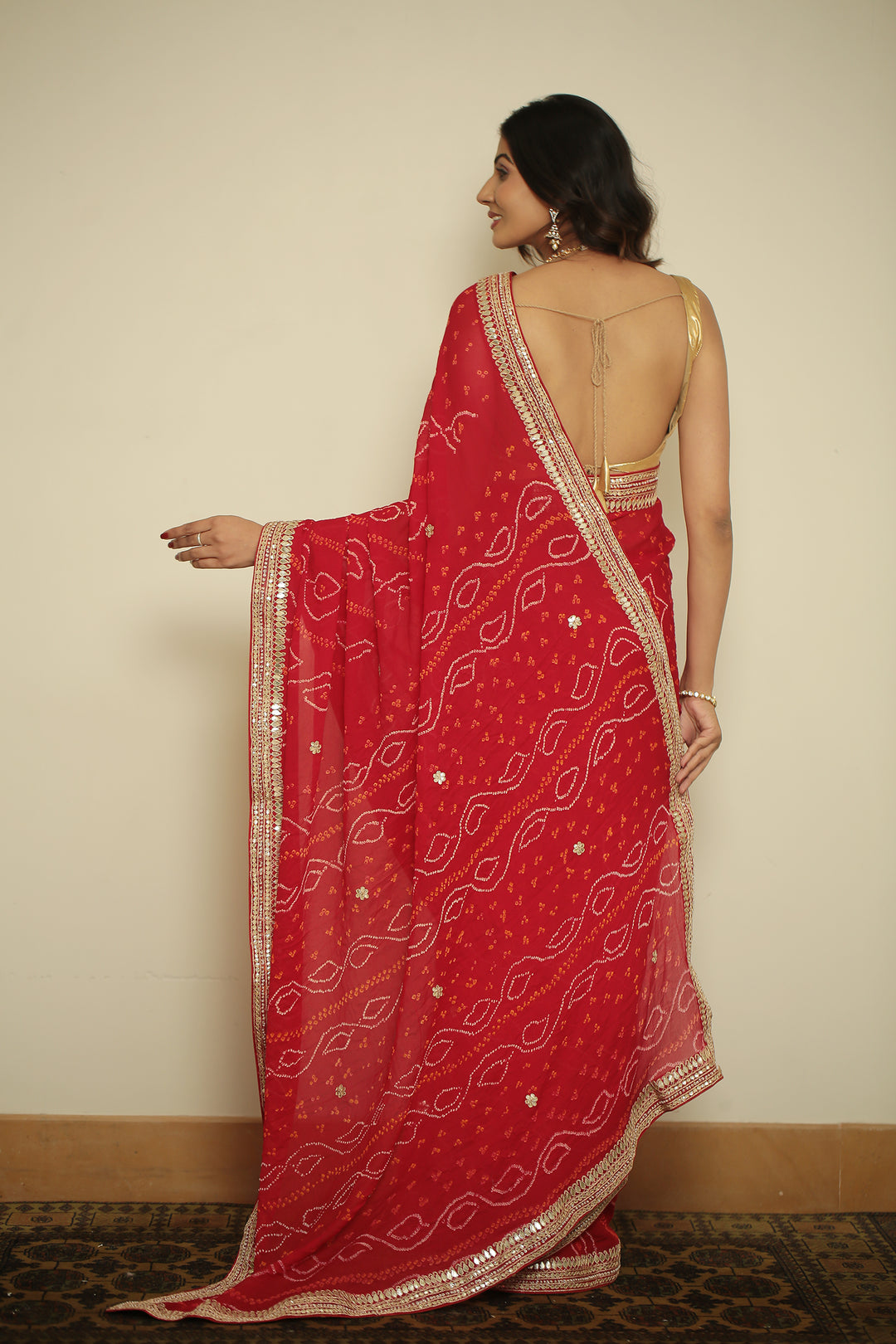 Bandhej chinon Saree with Gota, Gota Patti, Zardozi work.