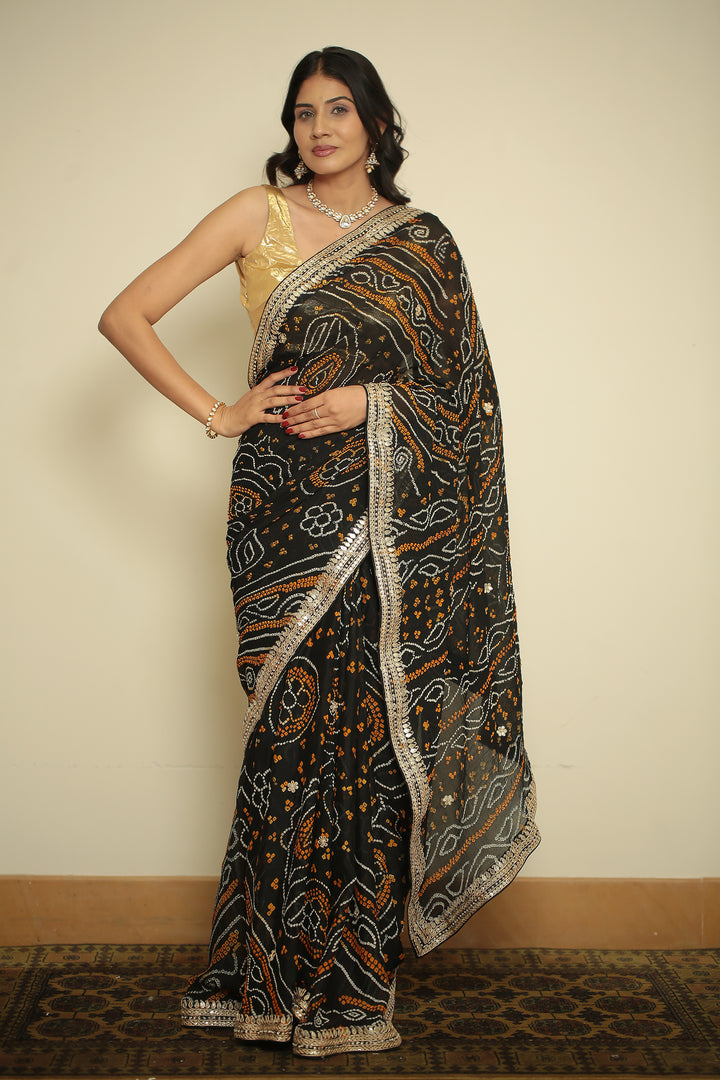 Bandhej chinon Saree with Gota, Gota Patti, Zardozi work.
