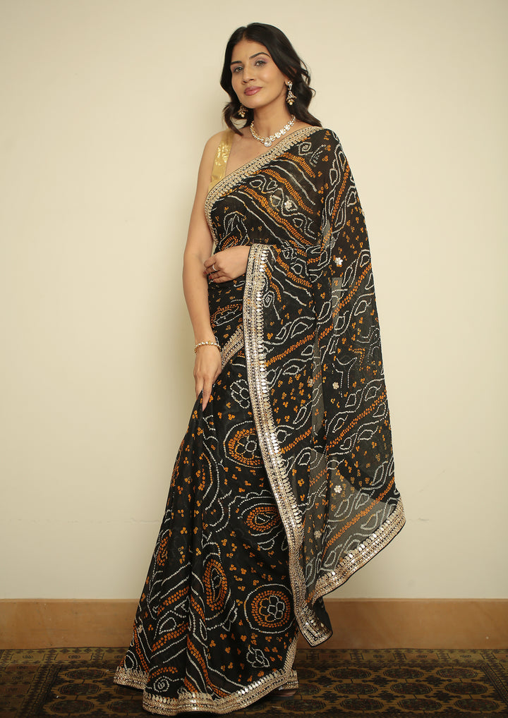 Bandhej chinon Saree with Gota, Gota Patti, Zardozi work.