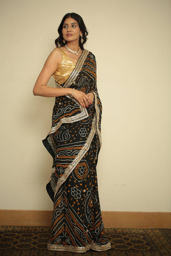 Bandhej chinon Saree with Gota, Gota Patti, Zardozi work.