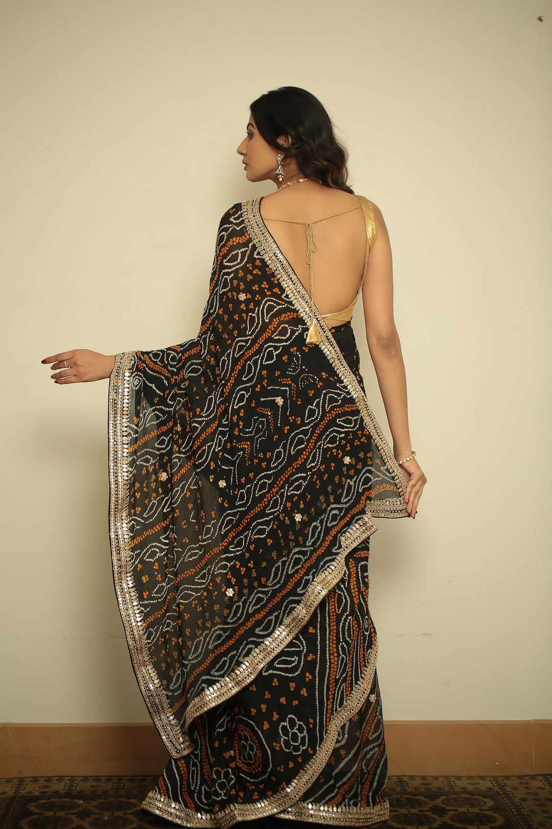 Bandhej chinon Saree with Gota, Gota Patti, Zardozi work.