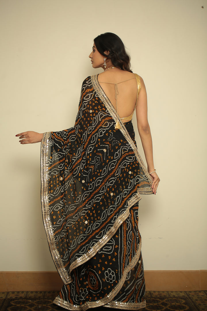 Bandhej chinon Saree with Gota, Gota Patti, Zardozi work.