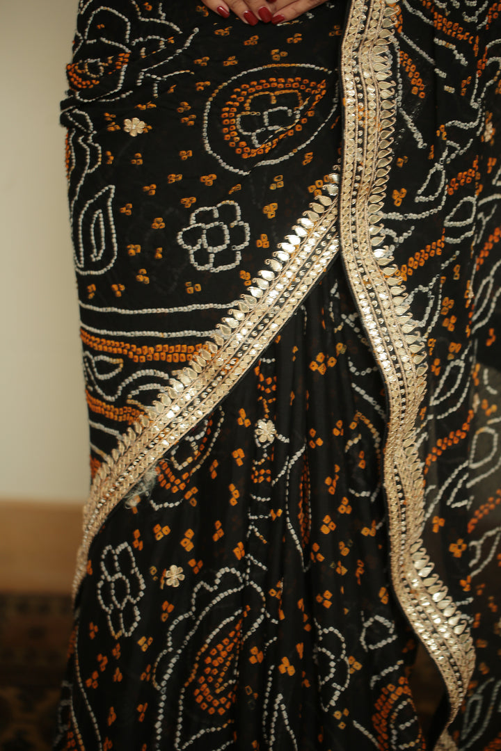Bandhej chinon Saree with Gota, Gota Patti, Zardozi work.