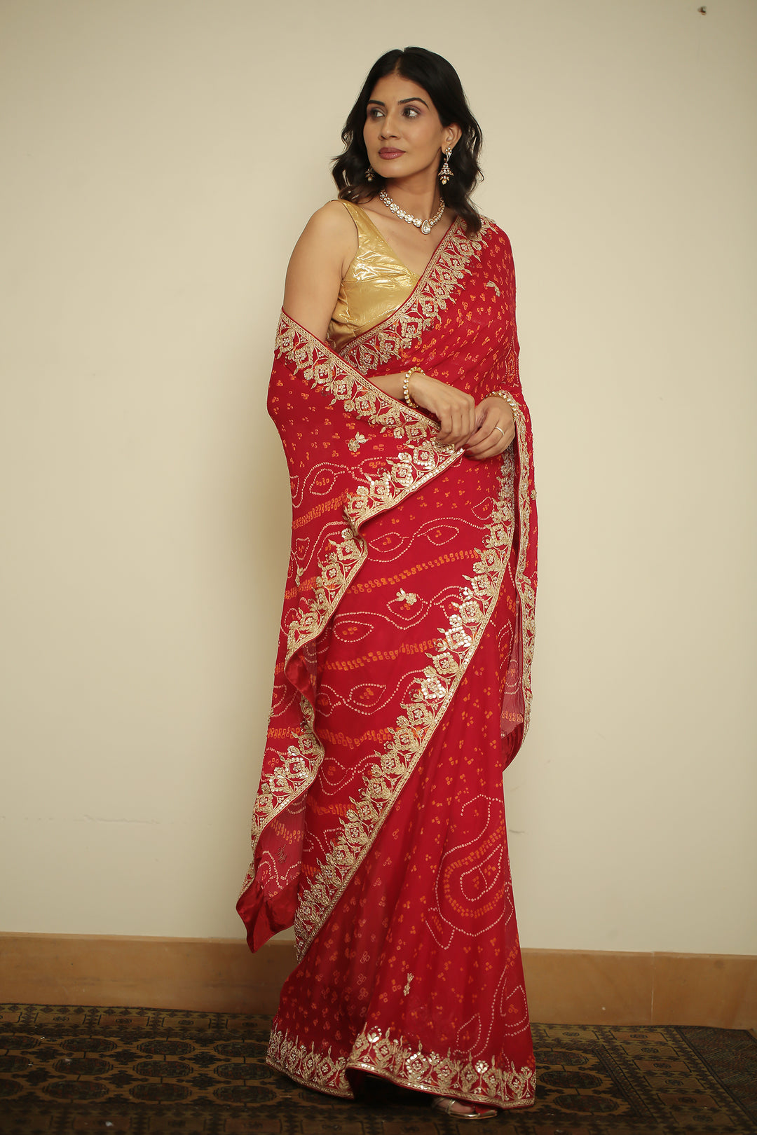 chinon Saree with Dori, Gota, Gota Patti, Zardozi work.
