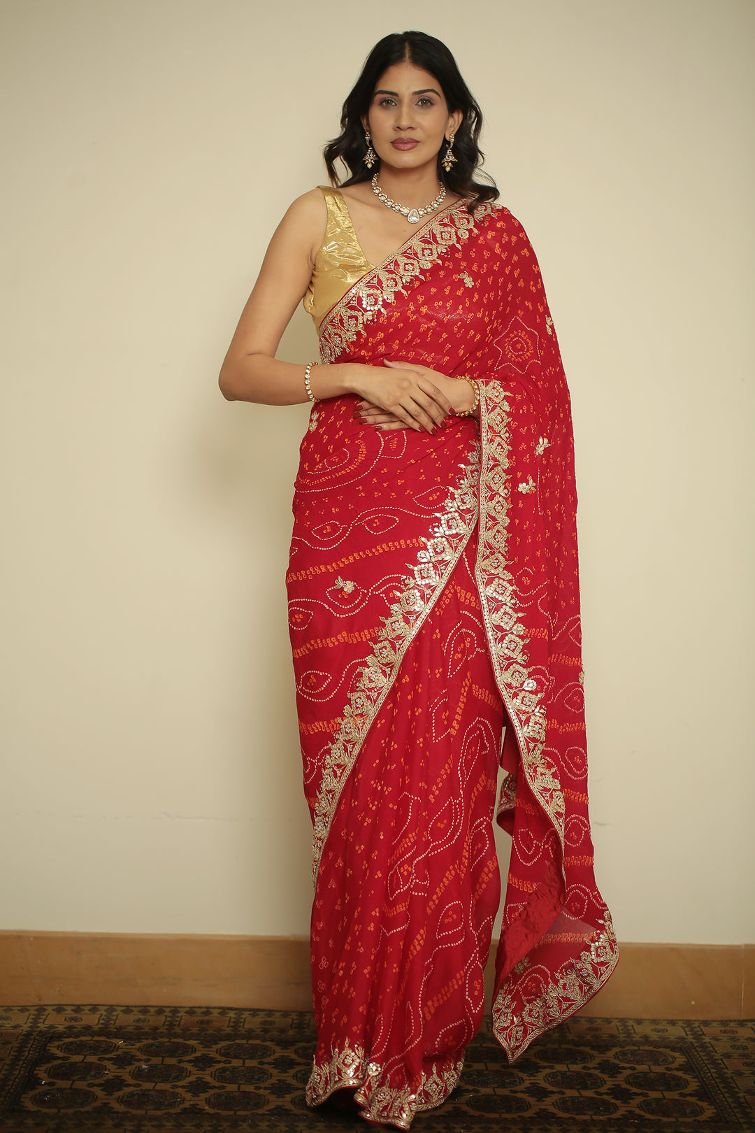 chinon Saree with Dori, Gota, Gota Patti, Zardozi work.