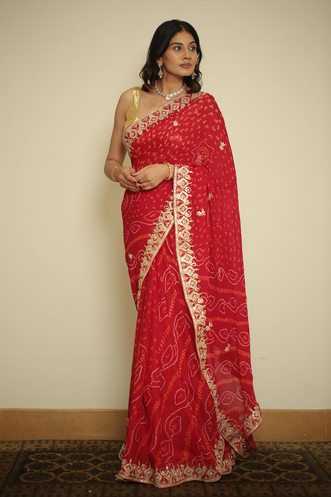 chinon Saree with Dori, Gota, Gota Patti, Zardozi work.