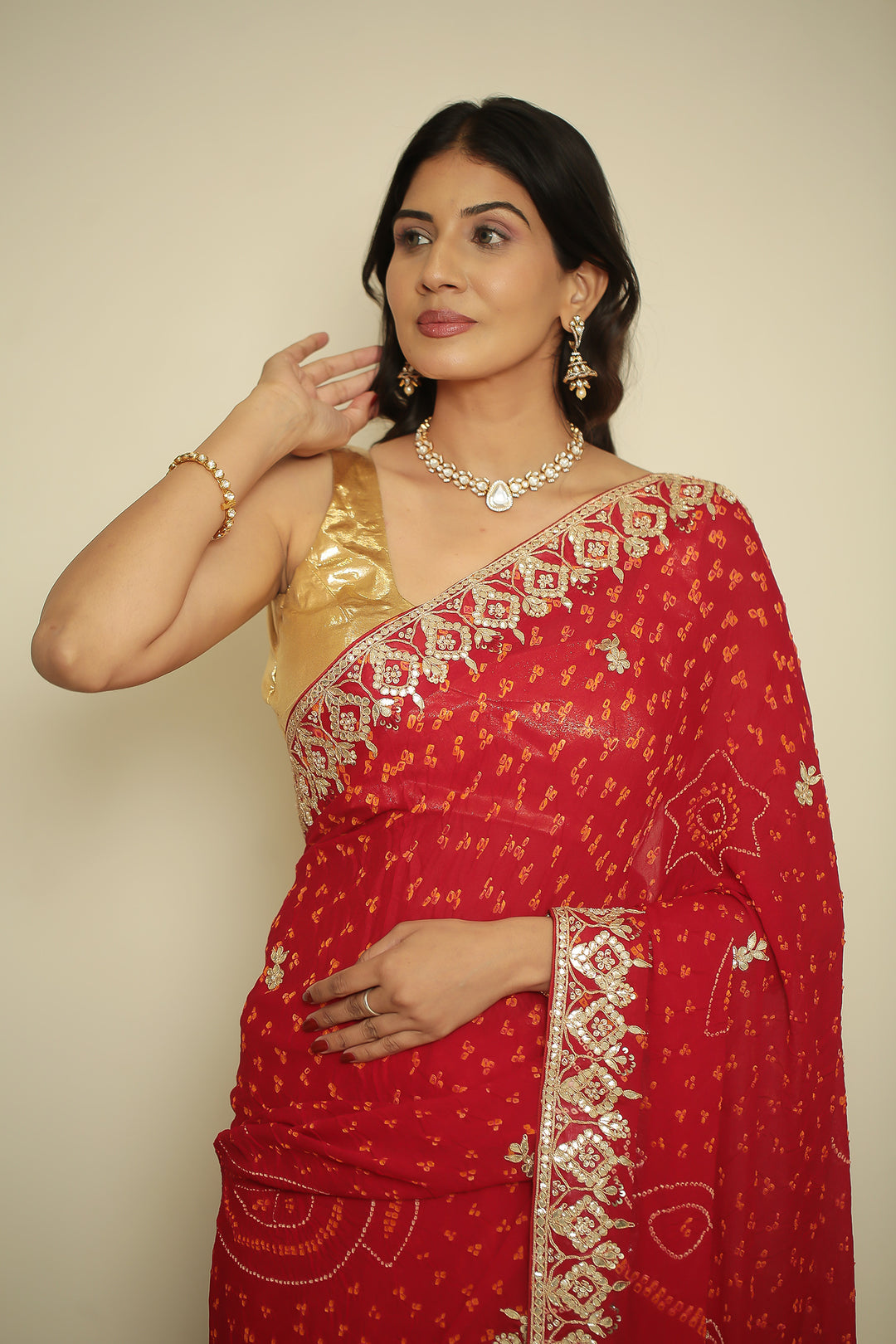 chinon Saree with Dori, Gota, Gota Patti, Zardozi work.