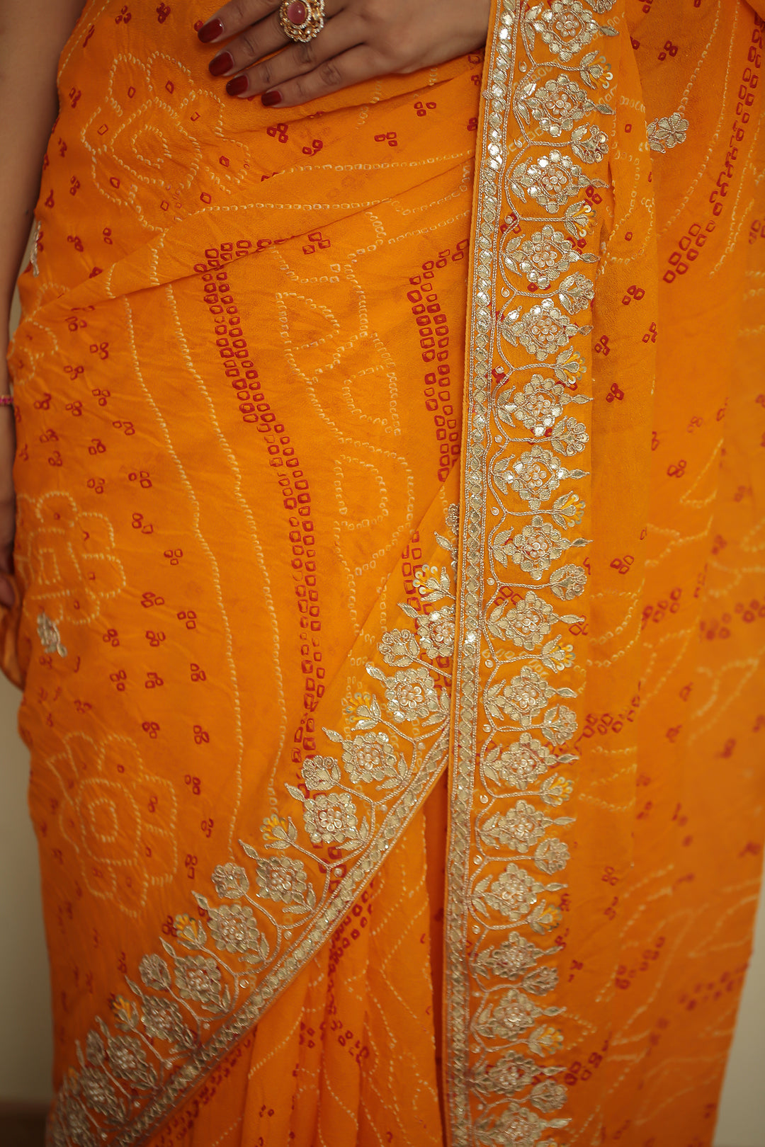 Bandhej chinon Saree with Gota, Gota Patti, Zardozi work.