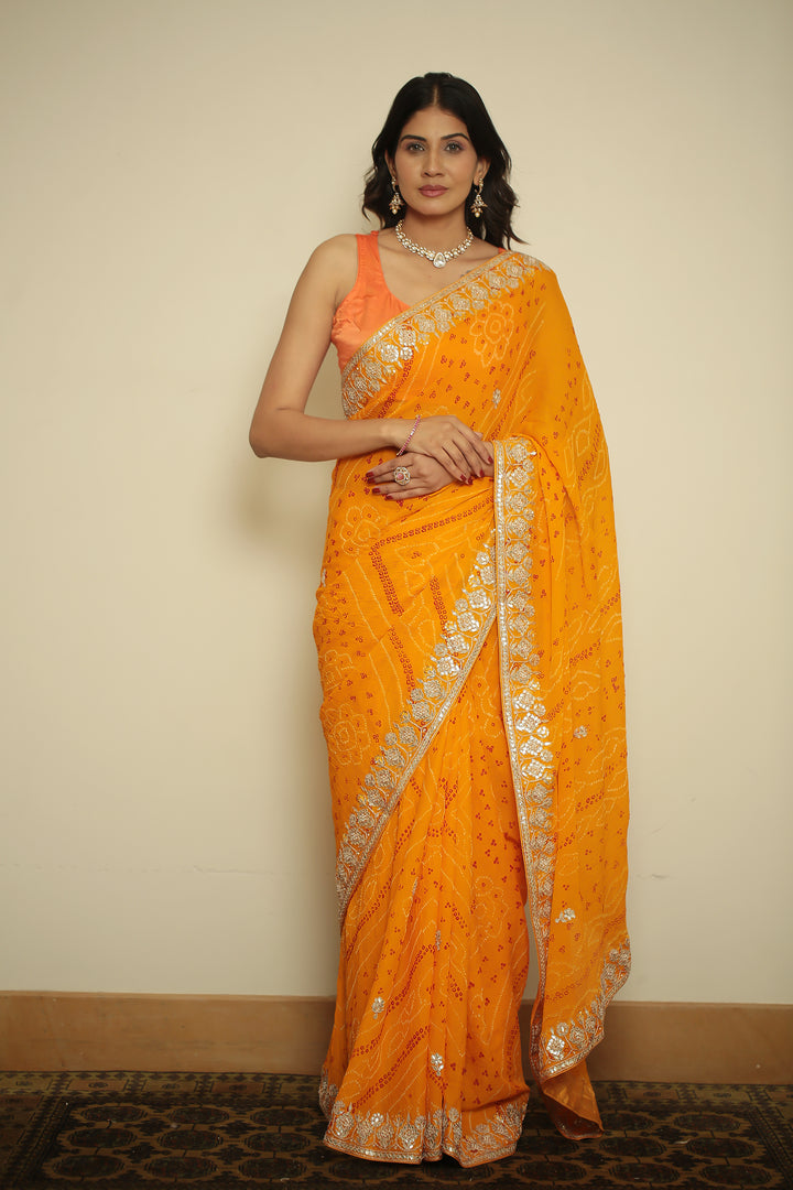 Bandhej chinon Saree with Gota, Gota Patti, Zardozi work.