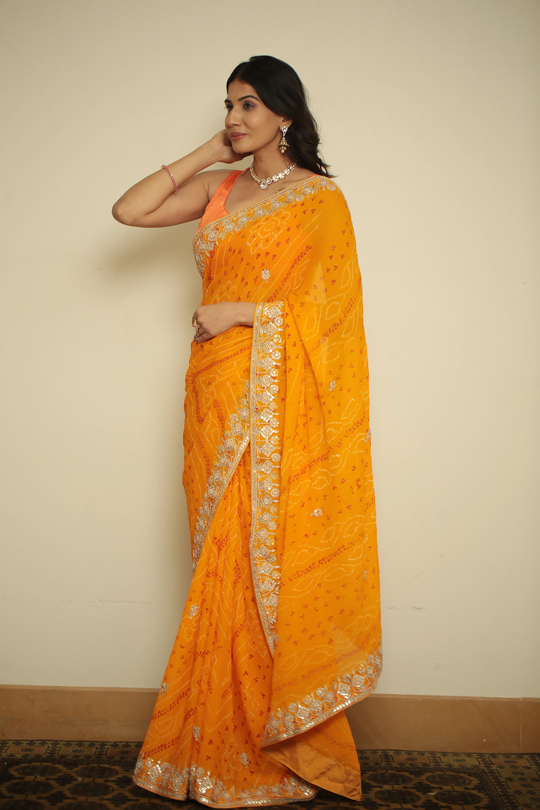 Bandhej chinon Saree with Gota, Gota Patti, Zardozi work.