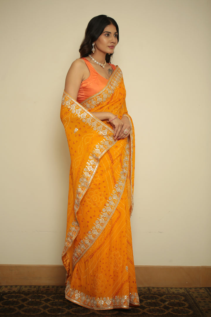 Bandhej chinon Saree with Gota, Gota Patti, Zardozi work.
