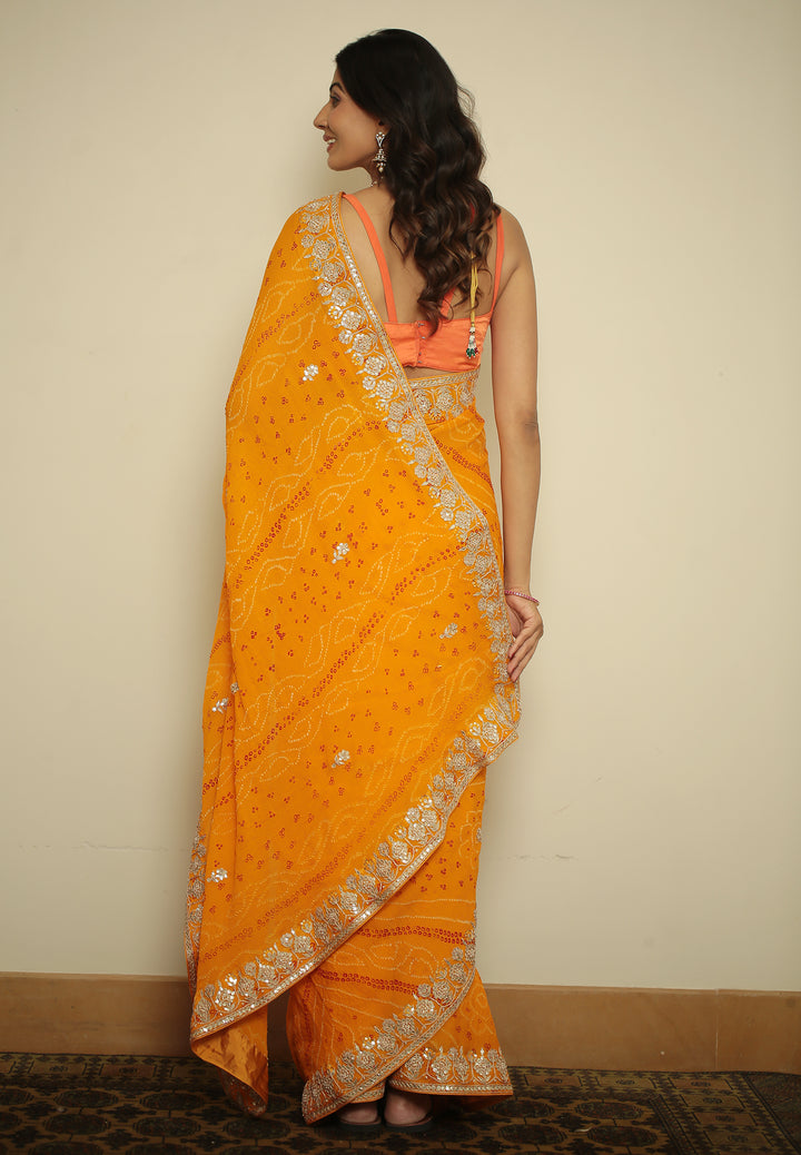 Bandhej chinon Saree with Gota, Gota Patti, Zardozi work.