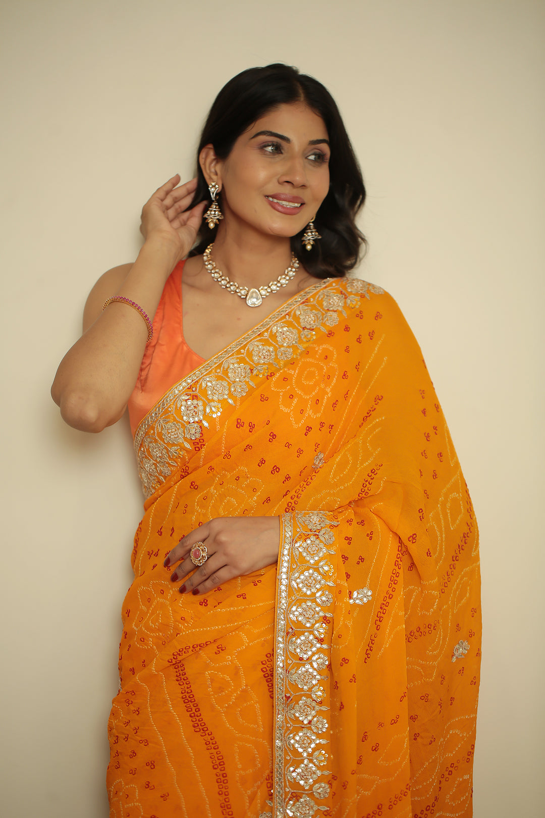 Bandhej chinon Saree with Gota, Gota Patti, Zardozi work.