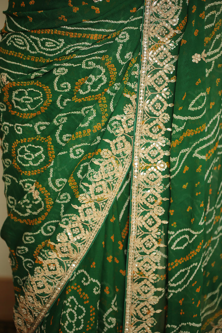 Bandhej chinon Saree with Dori, Gota, Gota Patti, Zardozi work.