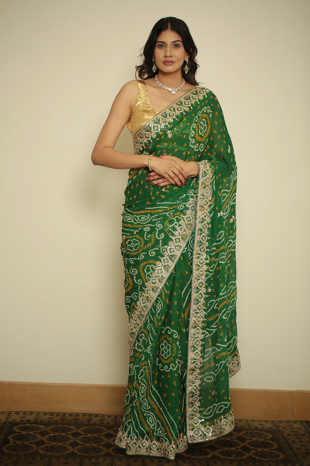 Bandhej chinon Saree with Dori, Gota, Gota Patti, Zardozi work.