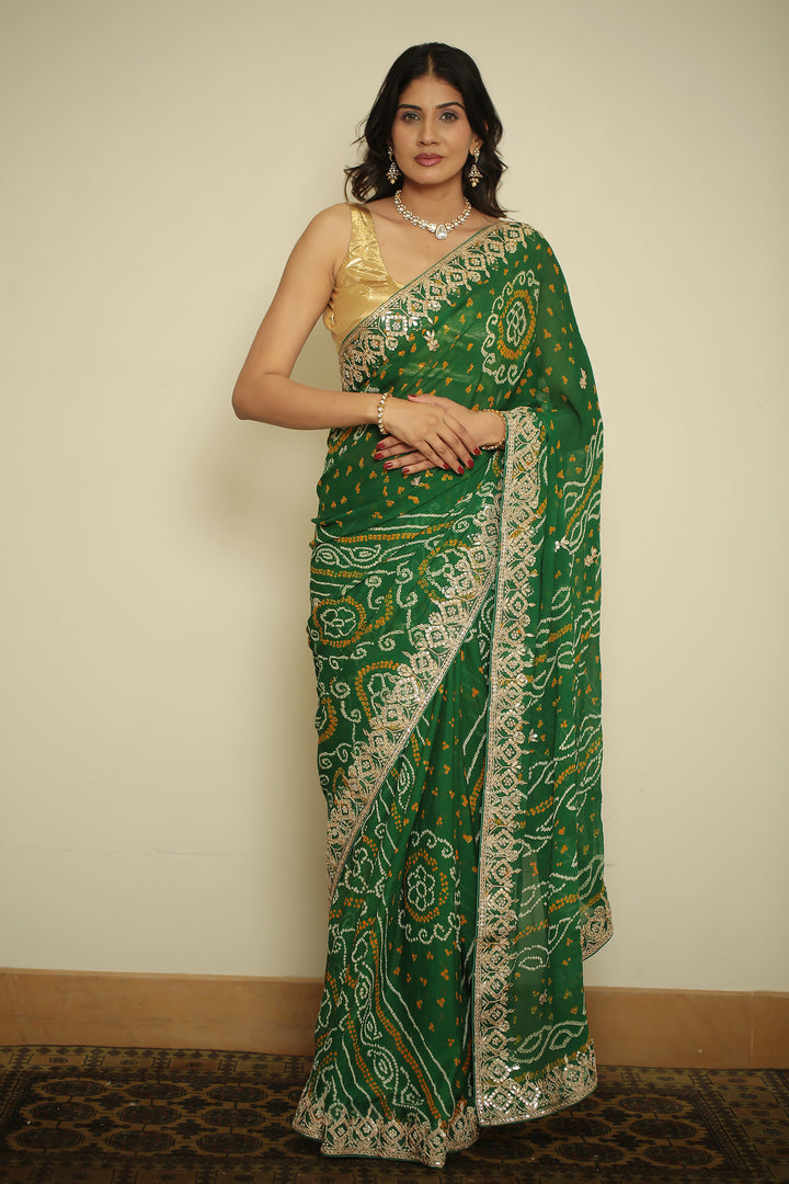 Bandhej chinon Saree with Dori, Gota, Gota Patti, Zardozi work.