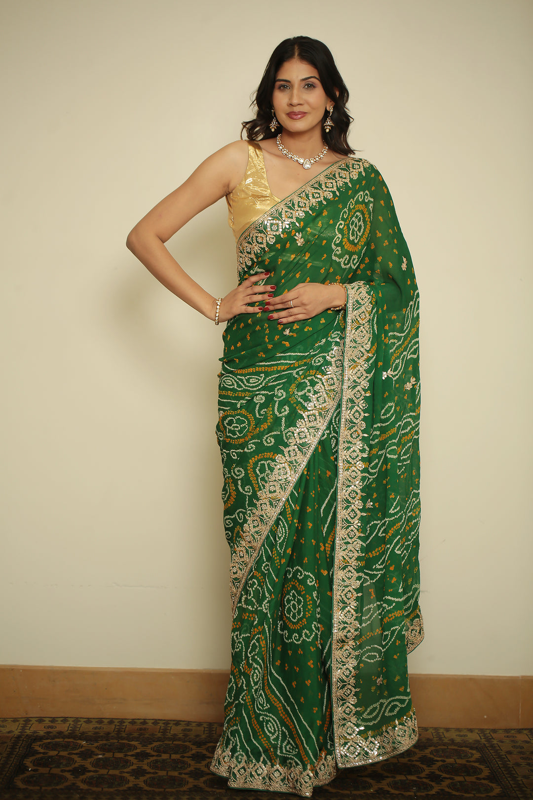 Bandhej chinon Saree with Dori, Gota, Gota Patti, Zardozi work.