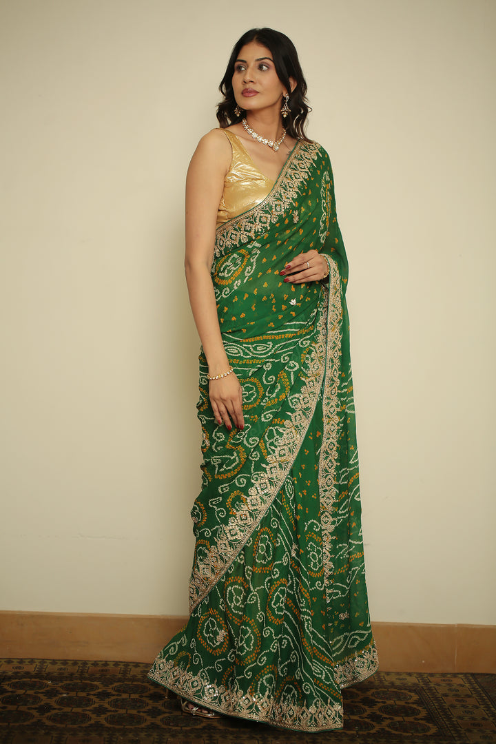 Bandhej chinon Saree with Dori, Gota, Gota Patti, Zardozi work.