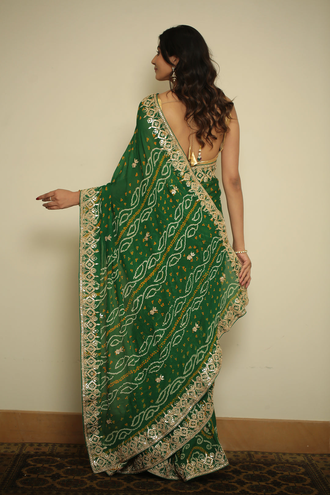 Bandhej chinon Saree with Dori, Gota, Gota Patti, Zardozi work.