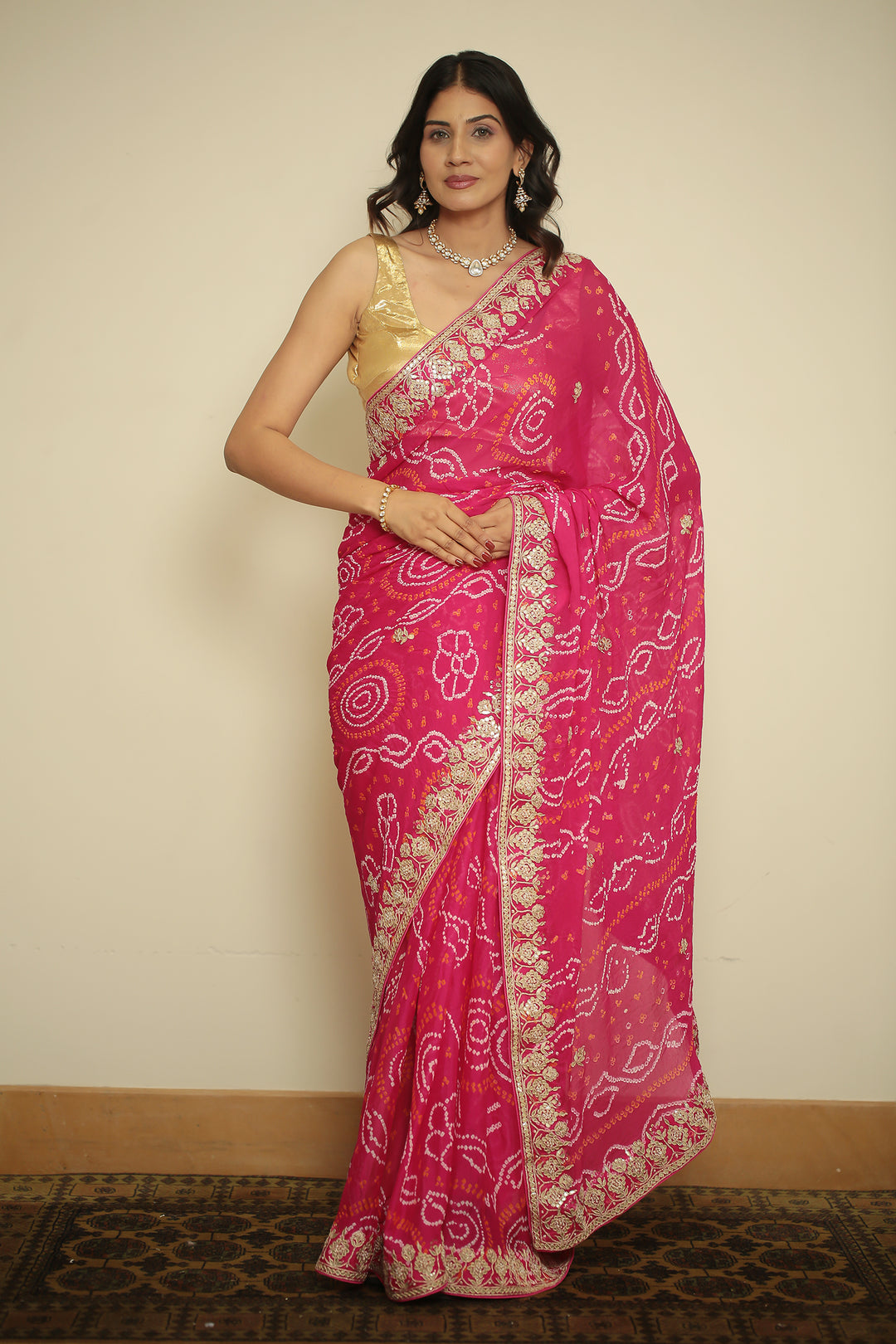 chinon bandhani Saree with Dori, Gota, Gota Patti, Zardozi work.