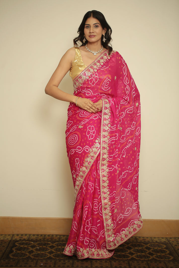 chinon bandhani Saree with Dori, Gota, Gota Patti, Zardozi work.