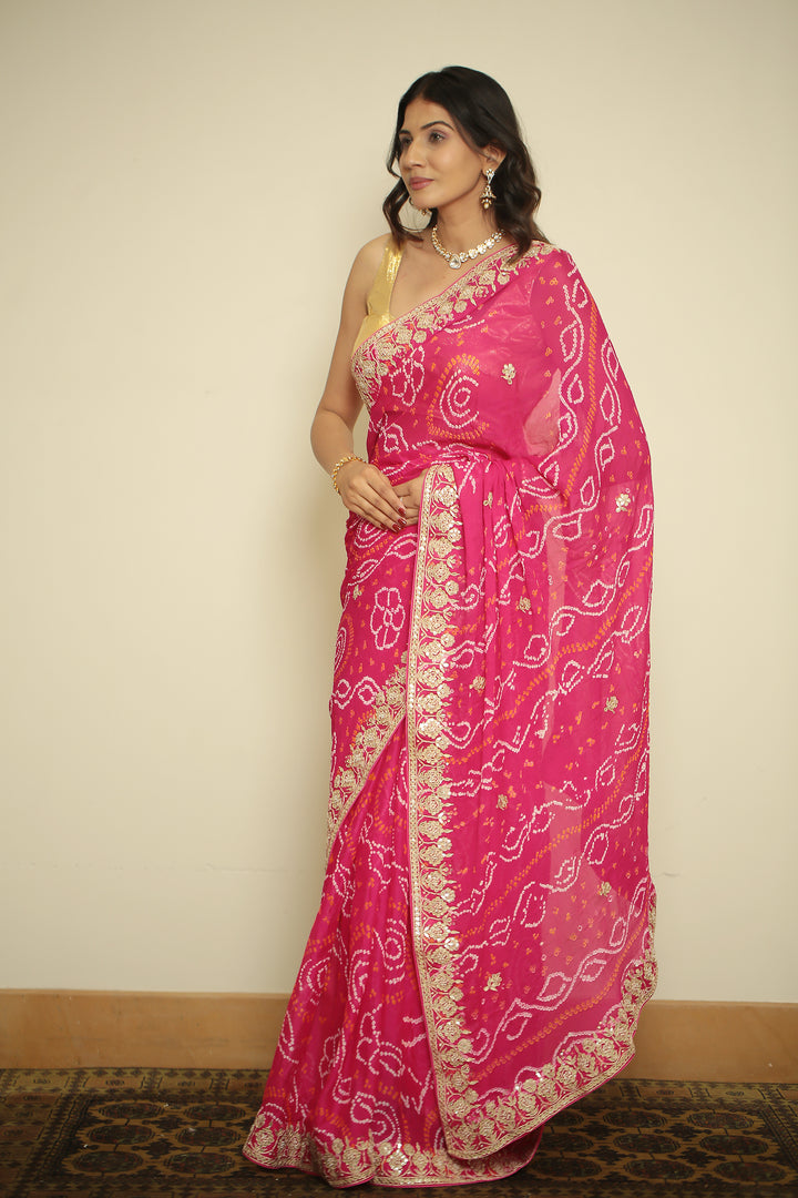 chinon bandhani Saree with Dori, Gota, Gota Patti, Zardozi work.