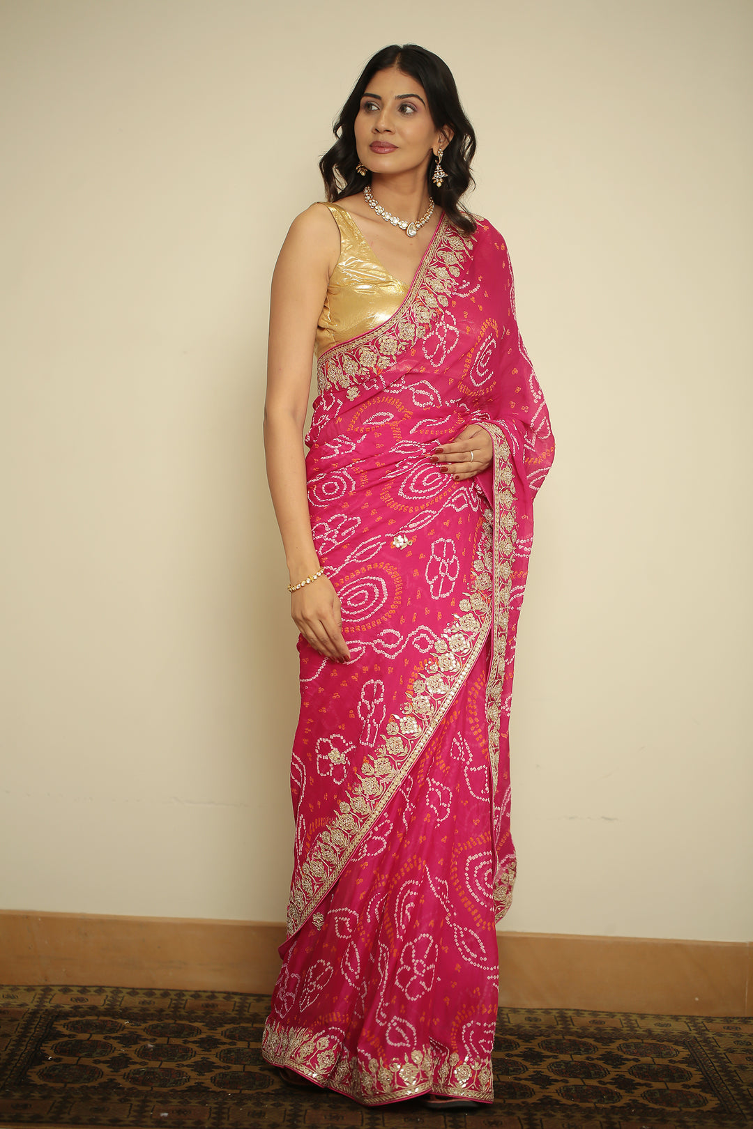 chinon bandhani Saree with Dori, Gota, Gota Patti, Zardozi work.