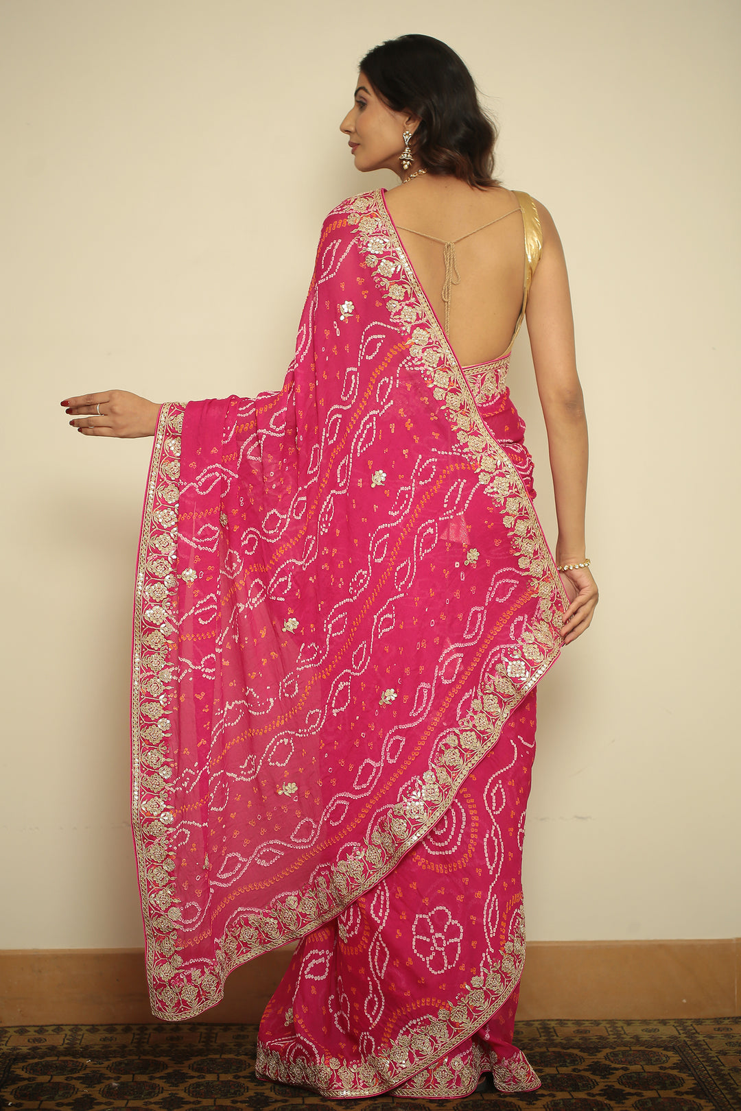 chinon bandhani Saree with Dori, Gota, Gota Patti, Zardozi work.