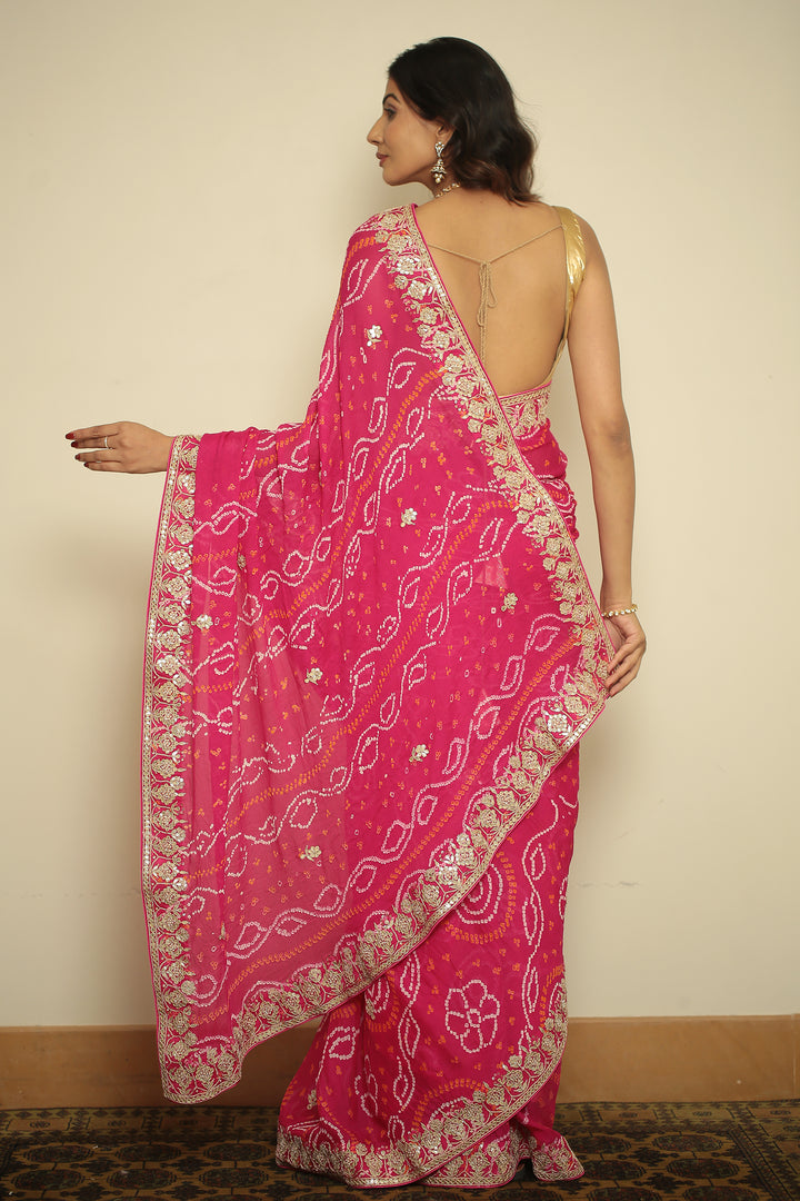 chinon bandhani Saree with Dori, Gota, Gota Patti, Zardozi work.