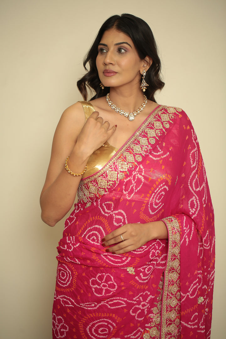 chinon bandhani Saree with Dori, Gota, Gota Patti, Zardozi work.
