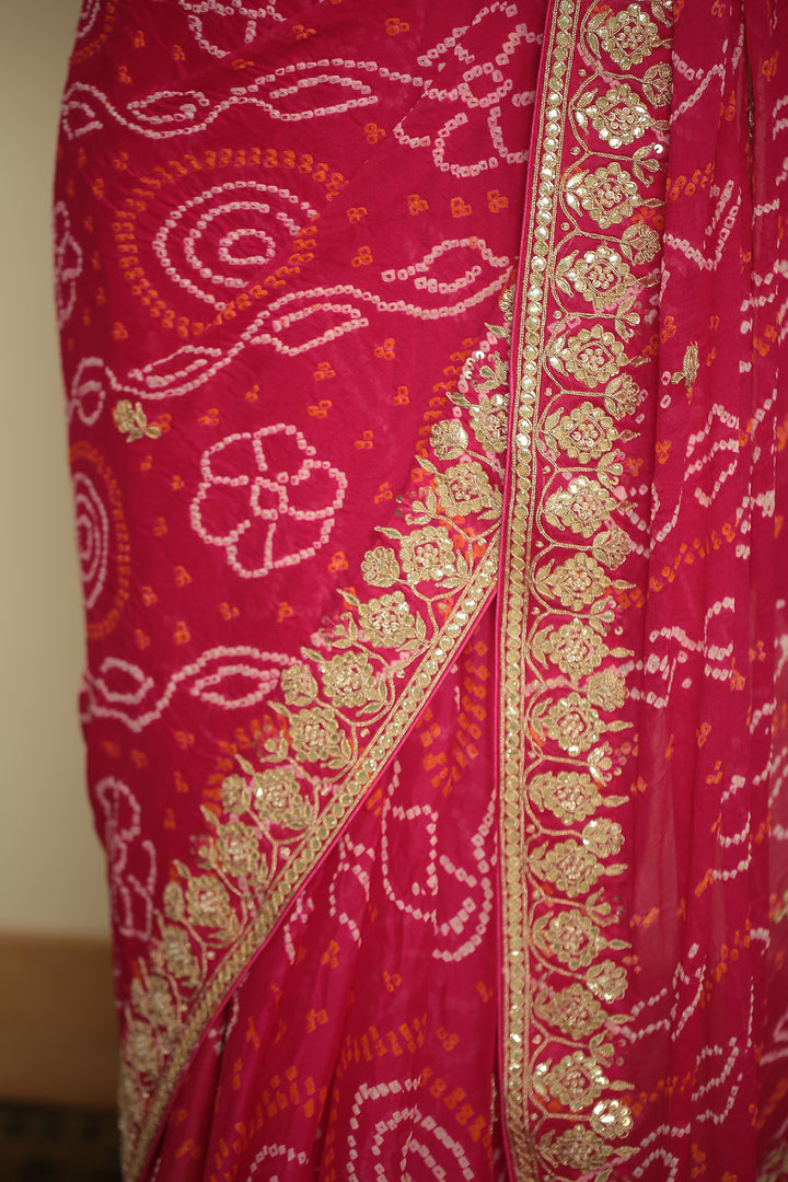 chinon bandhani Saree with Dori, Gota, Gota Patti, Zardozi work.