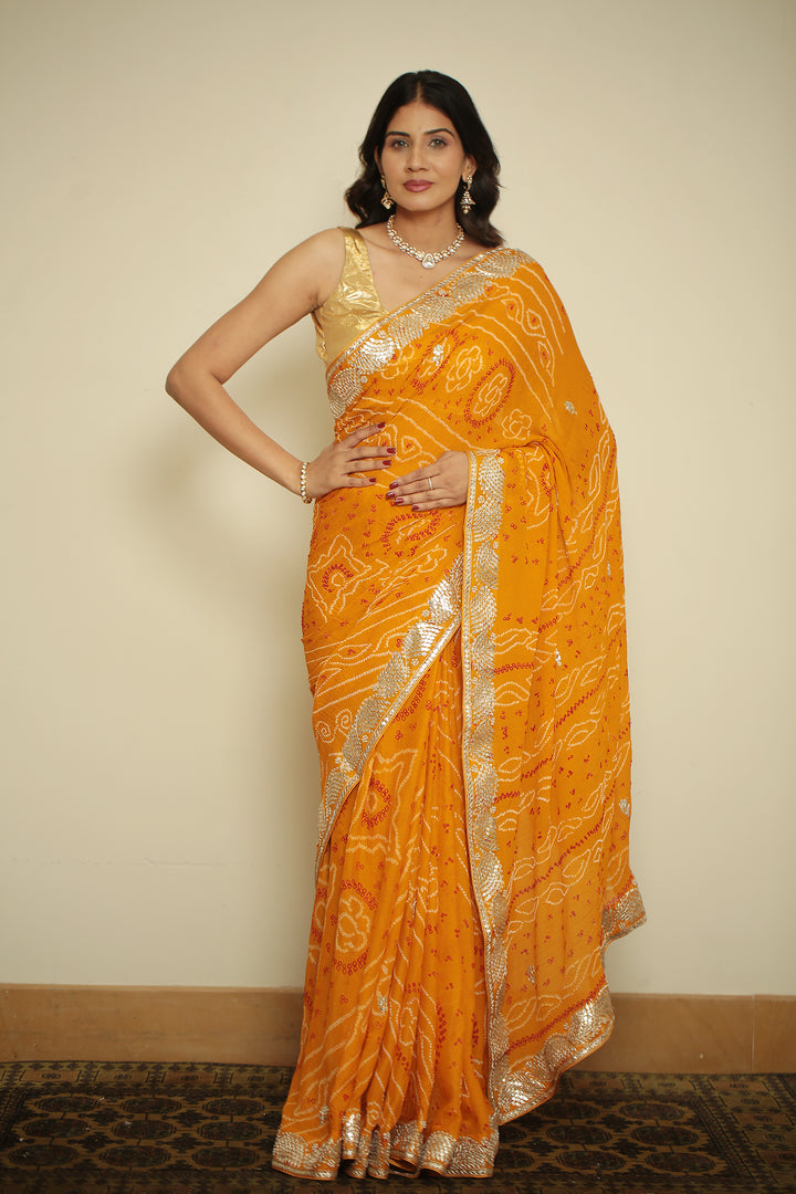Bandhej chinon Saree with Dori, Gota, Gota Patti, Zardozi work.